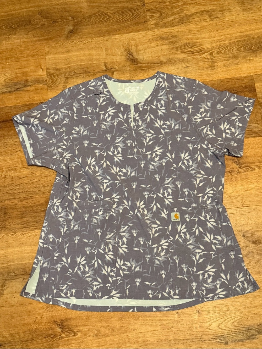 Carhartt Lavender Floral Print Scrub Top with White Accents